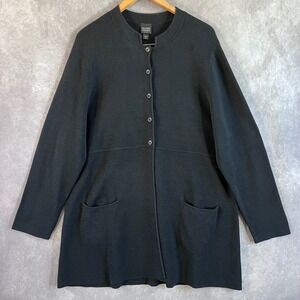 Eileen Fisher Cardigan Woman 1X Black Button Front Longline Textured Knit Jacket